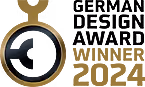 Logo des German Design Awards 2024 als Gewinner, kombiniert mit textuellen Auszeichnungen in schwarz und gold.