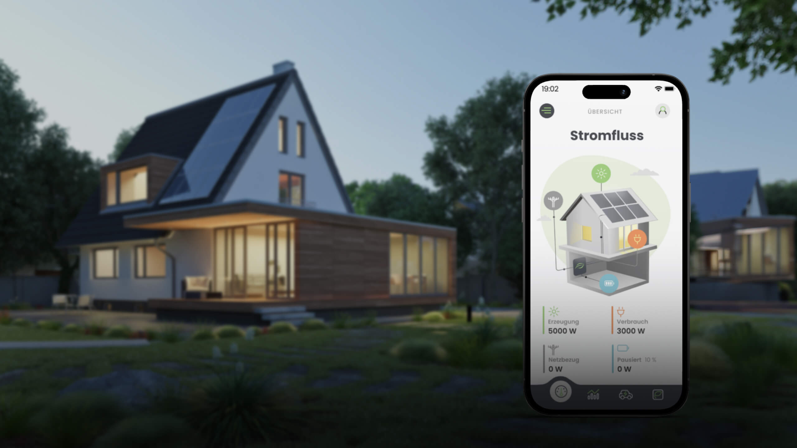 Im Hintergrund ein beleuchtetes Haus, im Vordergrund ein Smartphone mit der Stiehle Sunbrain App